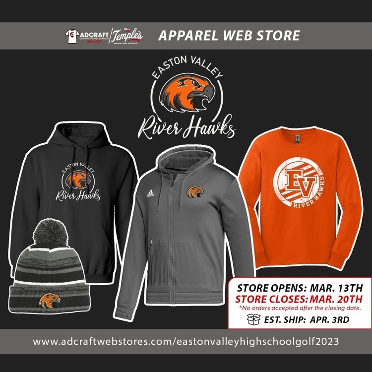 Check out the new golf apparel available now through March 20th!! Thanks for supporting EV Golf…GO RIVER HAWKS!!